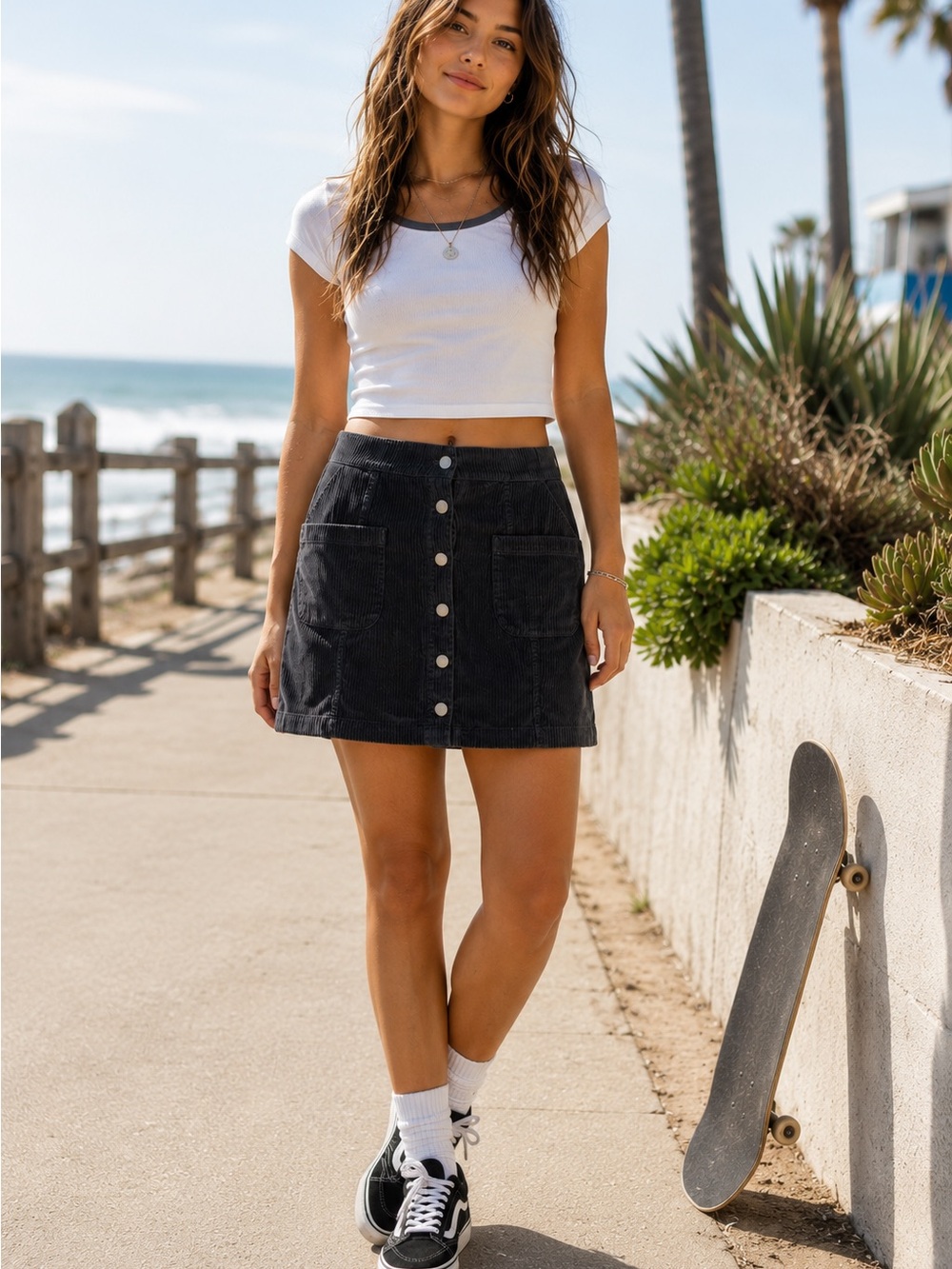 Roxy Black Corduroy Button Front Mini Skirt Size Small 100% Cotton Y2K
